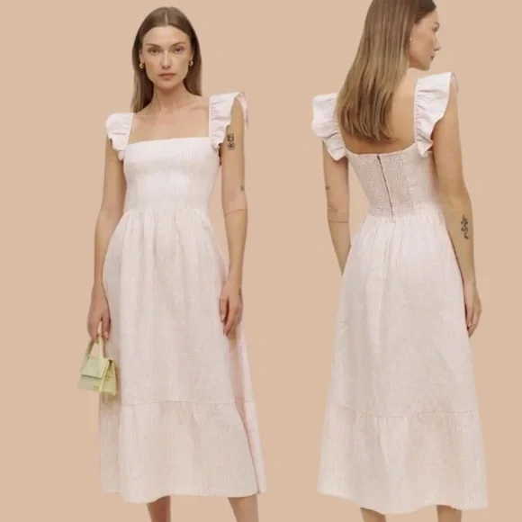 Reformation Lucila Linen Dress in Cupcake Stripe Pink & White- Midi Dress Size 0 - Picture 1 of 8